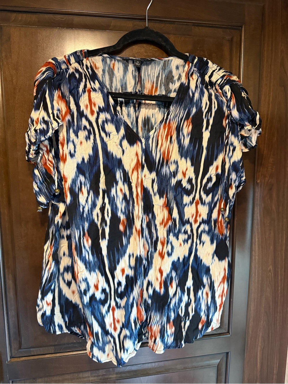Liverpool Navy, White & Rust Abstract Print Short-Sleeve Blouse
